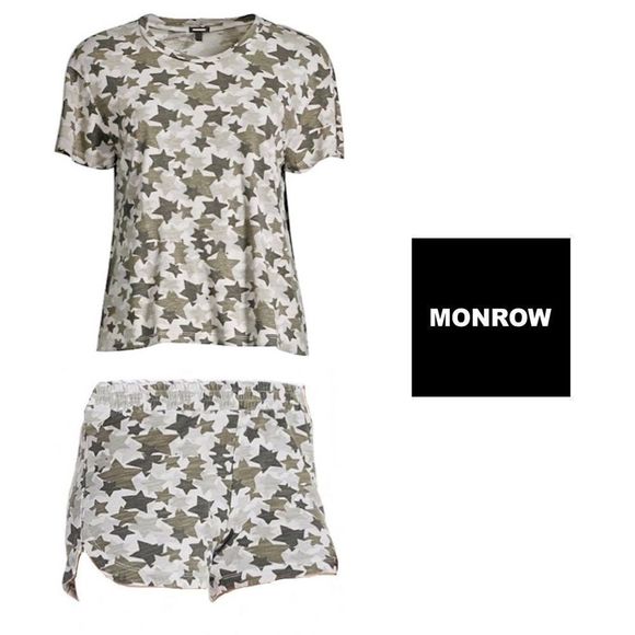 Monrow Soft Green Star Camo T-Shirt + Monrow Green Star Camo Shorts NWT 2 Items - Picture 2 of 16
